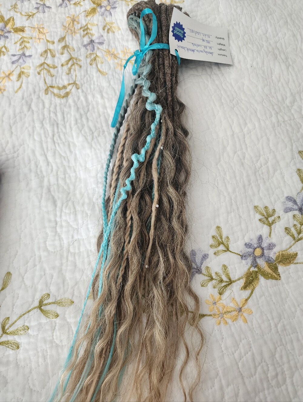 Hand-Tied Braid Dreadlock Extension - Blonde / Grey / Brown Tons W/Teal Accent